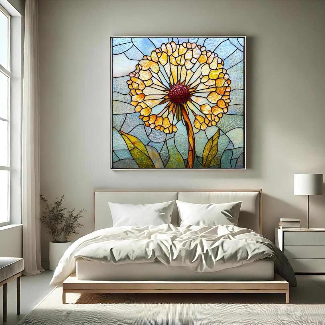 Golden Dandelion Seed Head Stained Glass Window Botanical Art Poster - Image 2