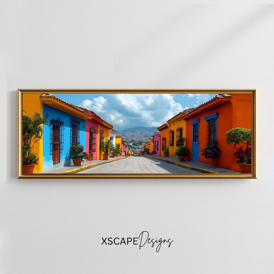 Colorful Mexican Colonial Street Old Town Sunny Day Travel Poster