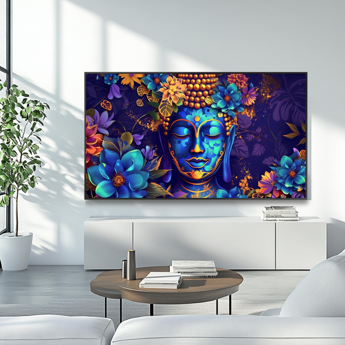 Blue Buddha Face Colorful Flowers Neon Spiritual Zen Meditation Poster - Image 4