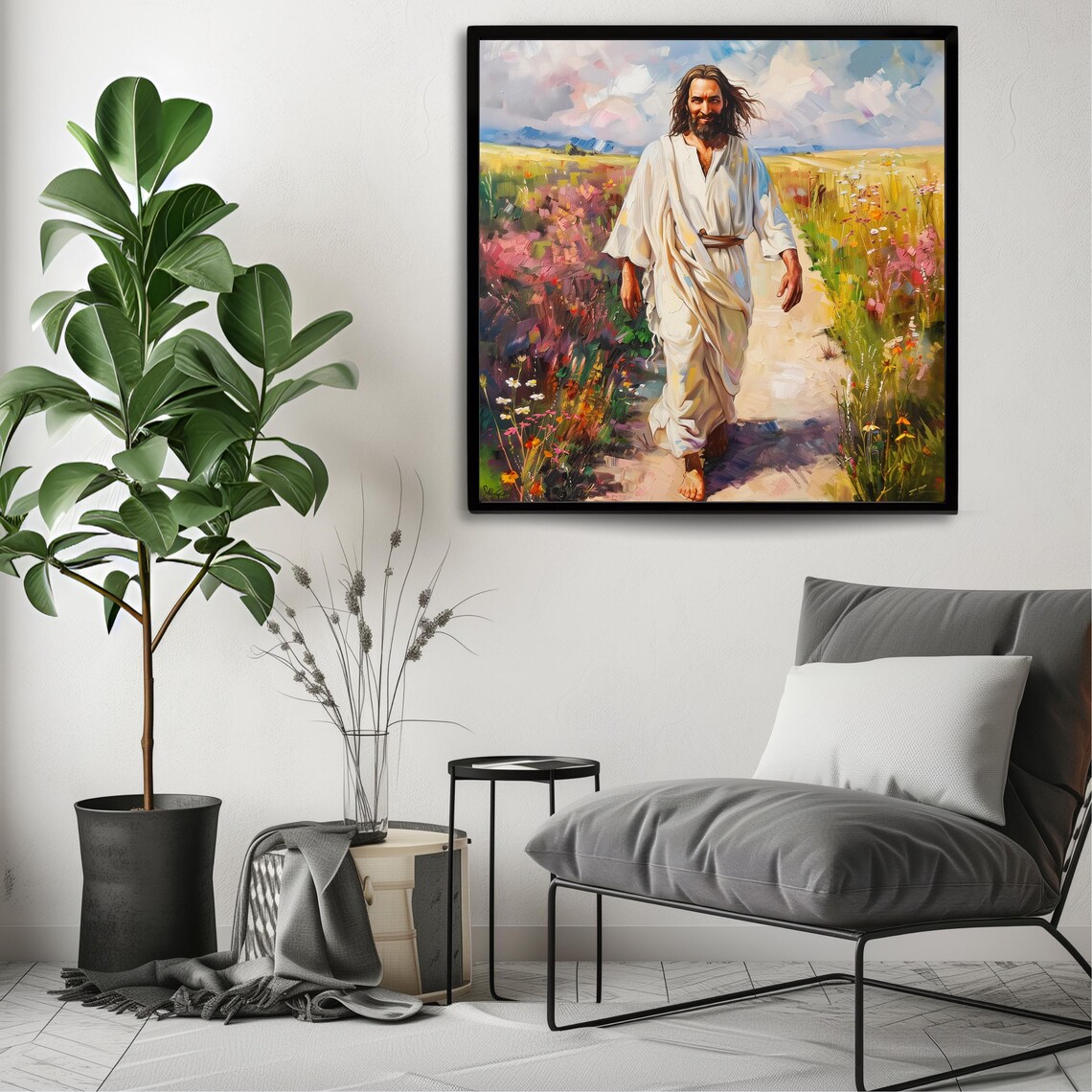 Jesus Walking Through Blooming Flower Field White Robe Faith Painting Poster - Image 3