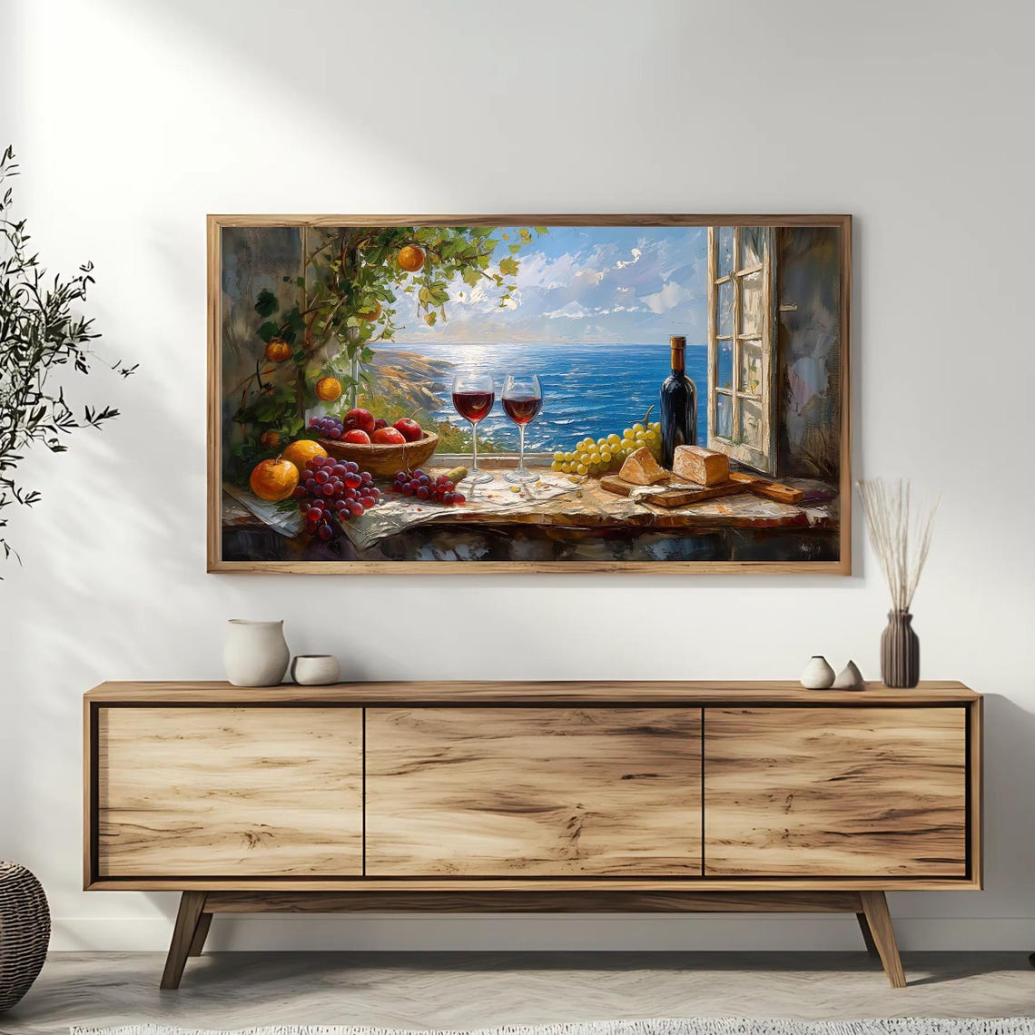 Mediterranean Window Sea View Wine Cheese Still Life Coastal Poster - Image 3