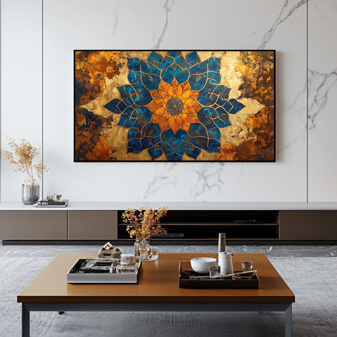 Blue And Gold Islamic Mandala Geometric Floral Ornament Art Poster - Image 2