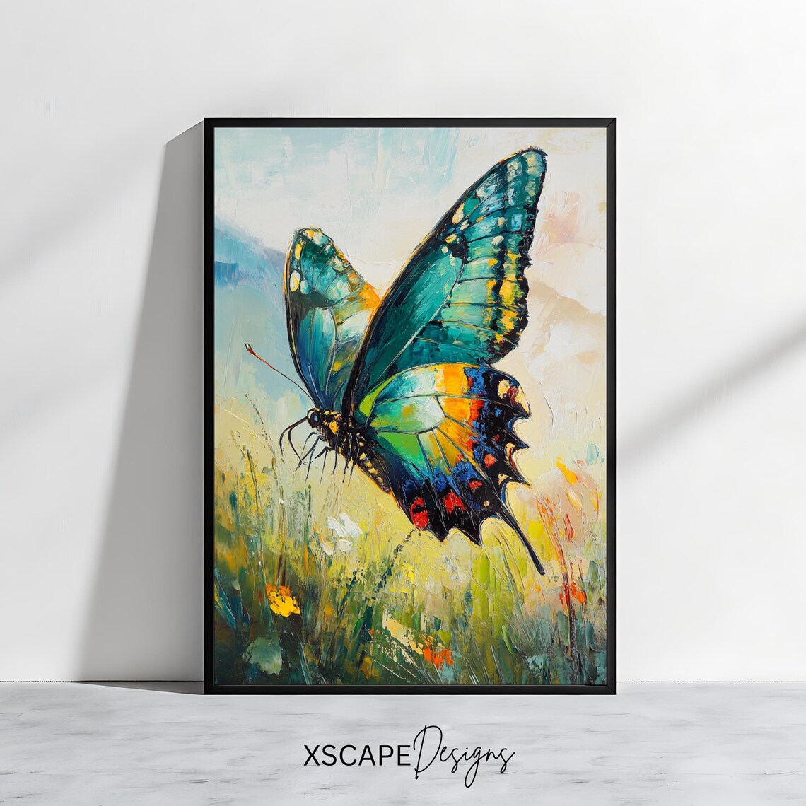 Vibrant Swallowtail Butterfly Teal Gold Wings Meadow Flowers Wall Art