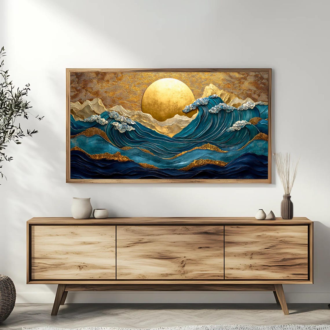 Golden Sun Over Teal Ocean Waves Japanese Style Textured Art Poster - Image 3