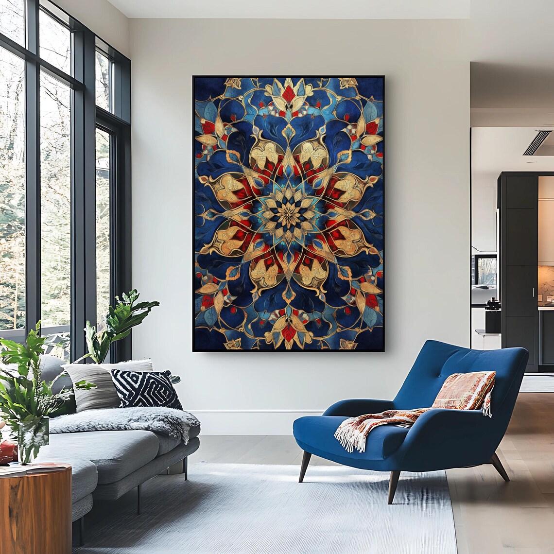 Royal Blue And Gold Islamic Geometric Mandala Pattern Art Print - Image 2