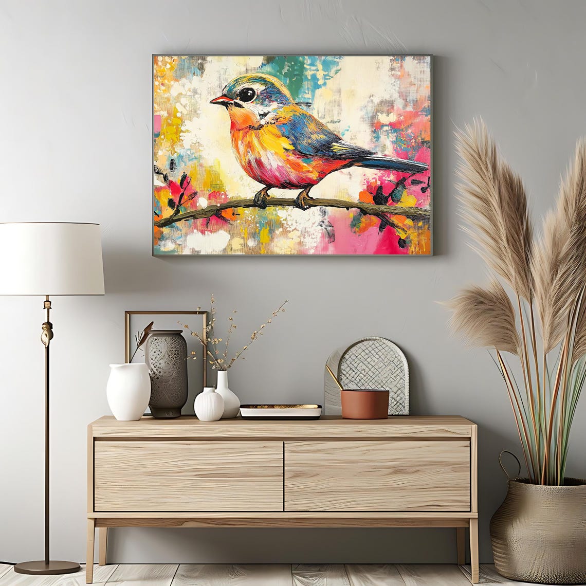 Colorful Songbird Branch Abstract Pastel Background Wildlife Art Print - Image 3