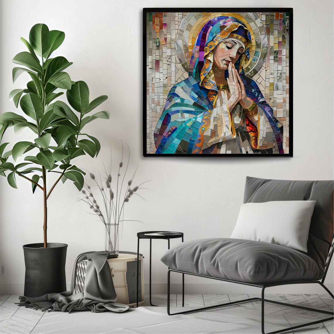 Praying Virgin Mary Mosaic Tile Religious Catholic Wall Art Print - Image 3