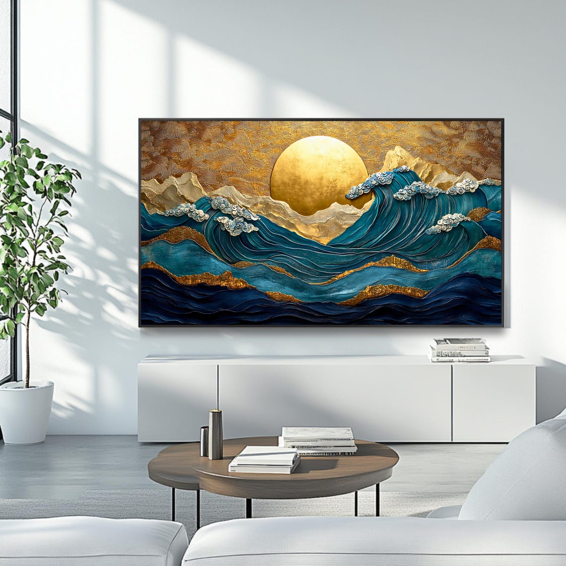 Golden Sun Over Teal Ocean Waves Japanese Style Textured Art Poster - Image 4
