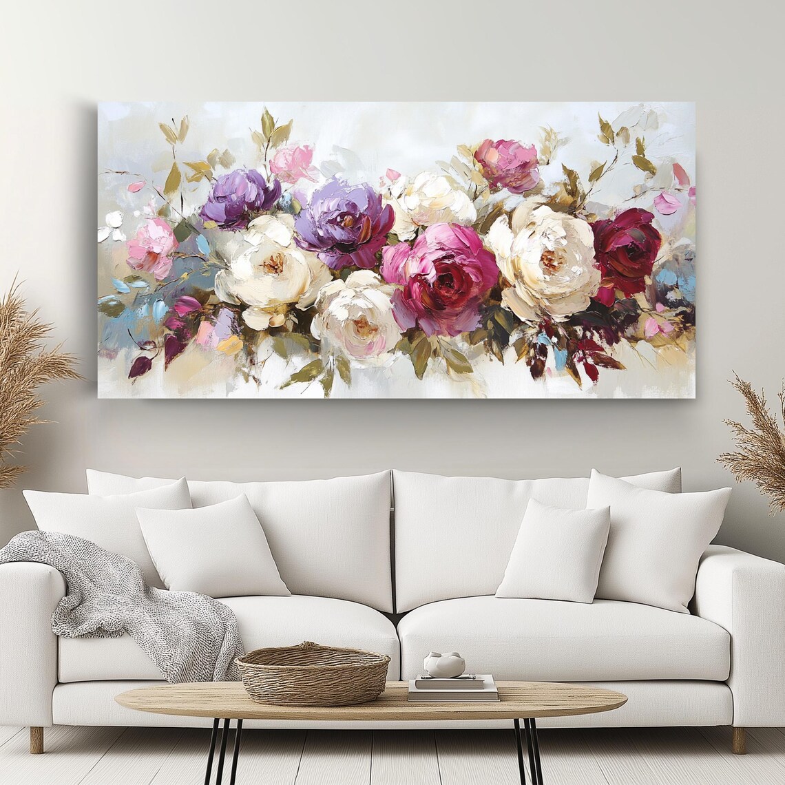 Romantic Roses Peonies Bouquet Oil Painting Panoramic Floral Wall Art - Image 2