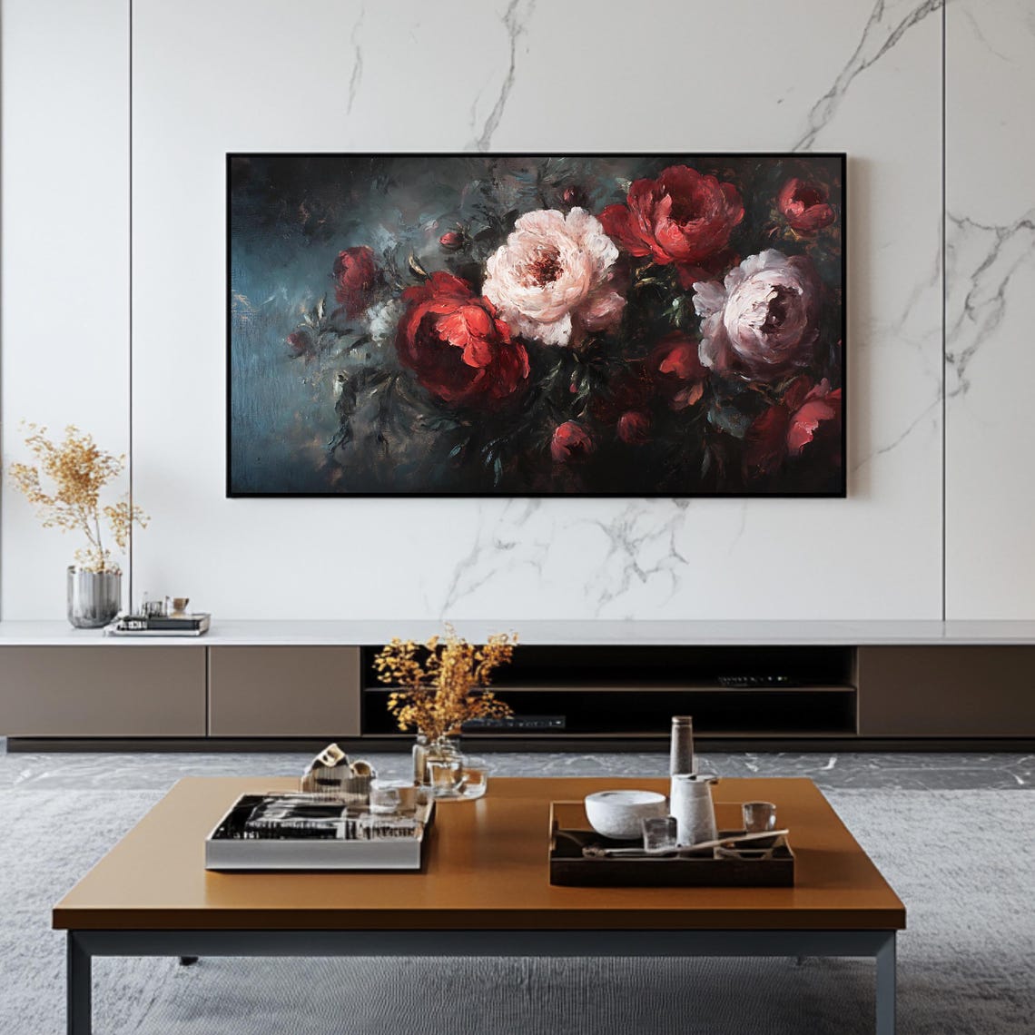 Dark Moody Red Roses Floral Oil Painting Vintage Botanical Art Poster - Image 2