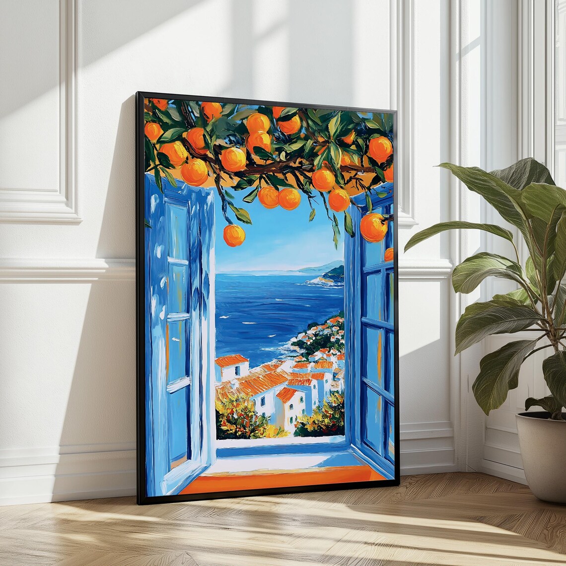 Orange Tree Coastal View, Mediterranean Window Art Print
