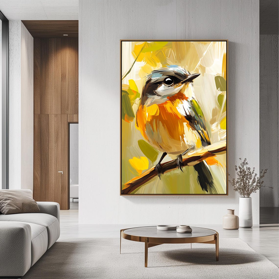 Colorful Songbird Orange Breast Perched Branch Yellow Green Wall Art - Image 3