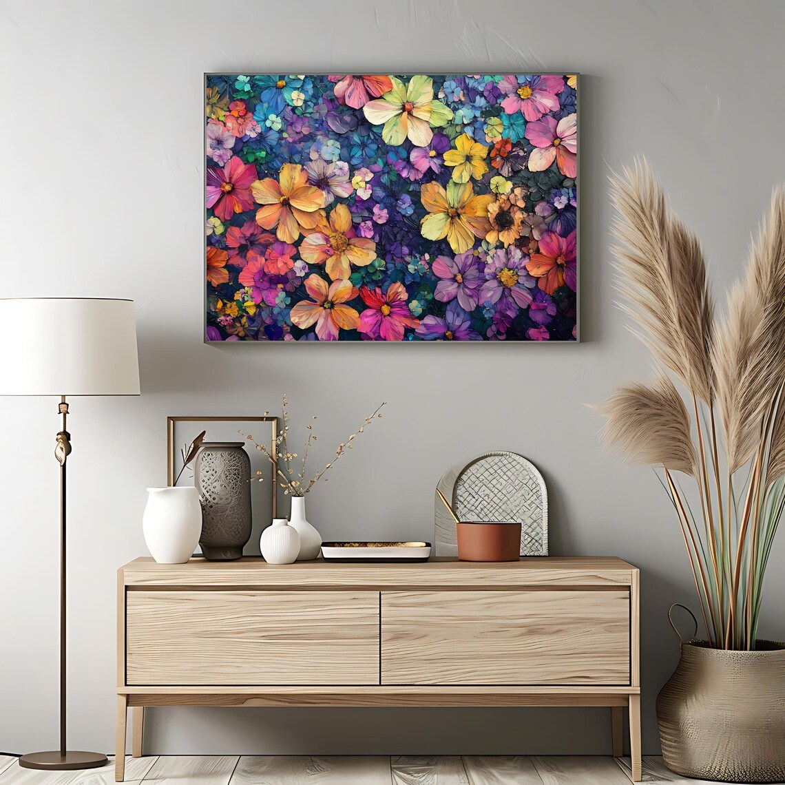 Colorful Cosmos Daisy Flower Field Impasto Painting Vibrant Wall Art - Image 3