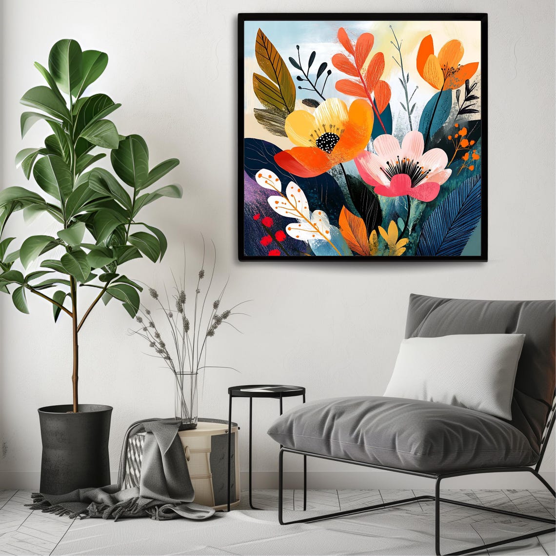 Modern Abstract Colorful Floral Art Orange Pink Blooms Wall Art Print - Image 3