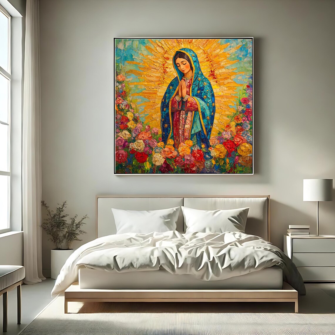 Our Lady of Guadalupe Blue Mantle Golden Sunburst Roses Impasto Art Print - Image 2
