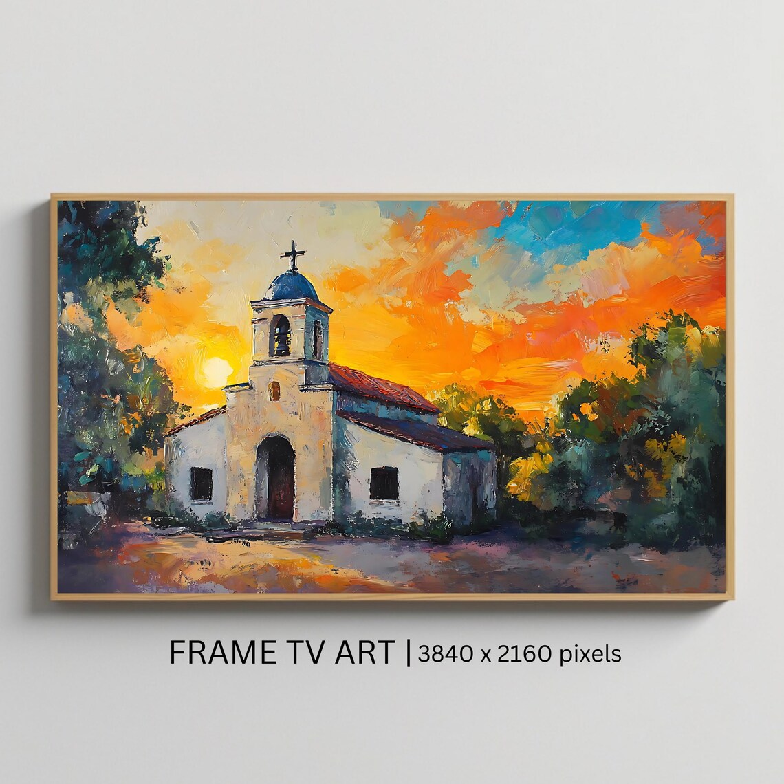 Church Sunset Painting, Rustic Chapel Wall Art