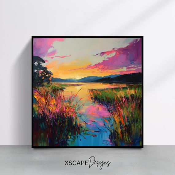 Vibrant Sunset Landscape Wall Art Print Colorful Marsh Artwork Square Nature Inspired Decor Bold Scenic Painting