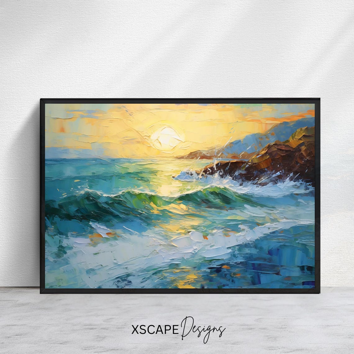 Ocean Sunrise Turquoise Waves Golden Sun Rocky Coast Impasto Wall Art