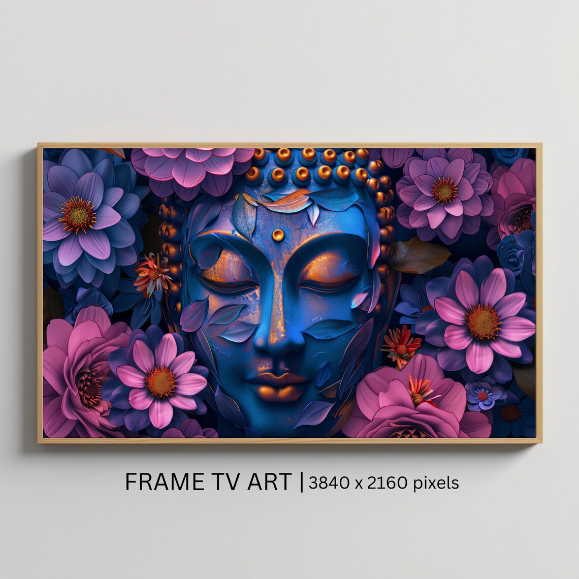 Blue Buddha Face Vibrant Floral Spiritual Zen Meditation Frame TV Art Poster