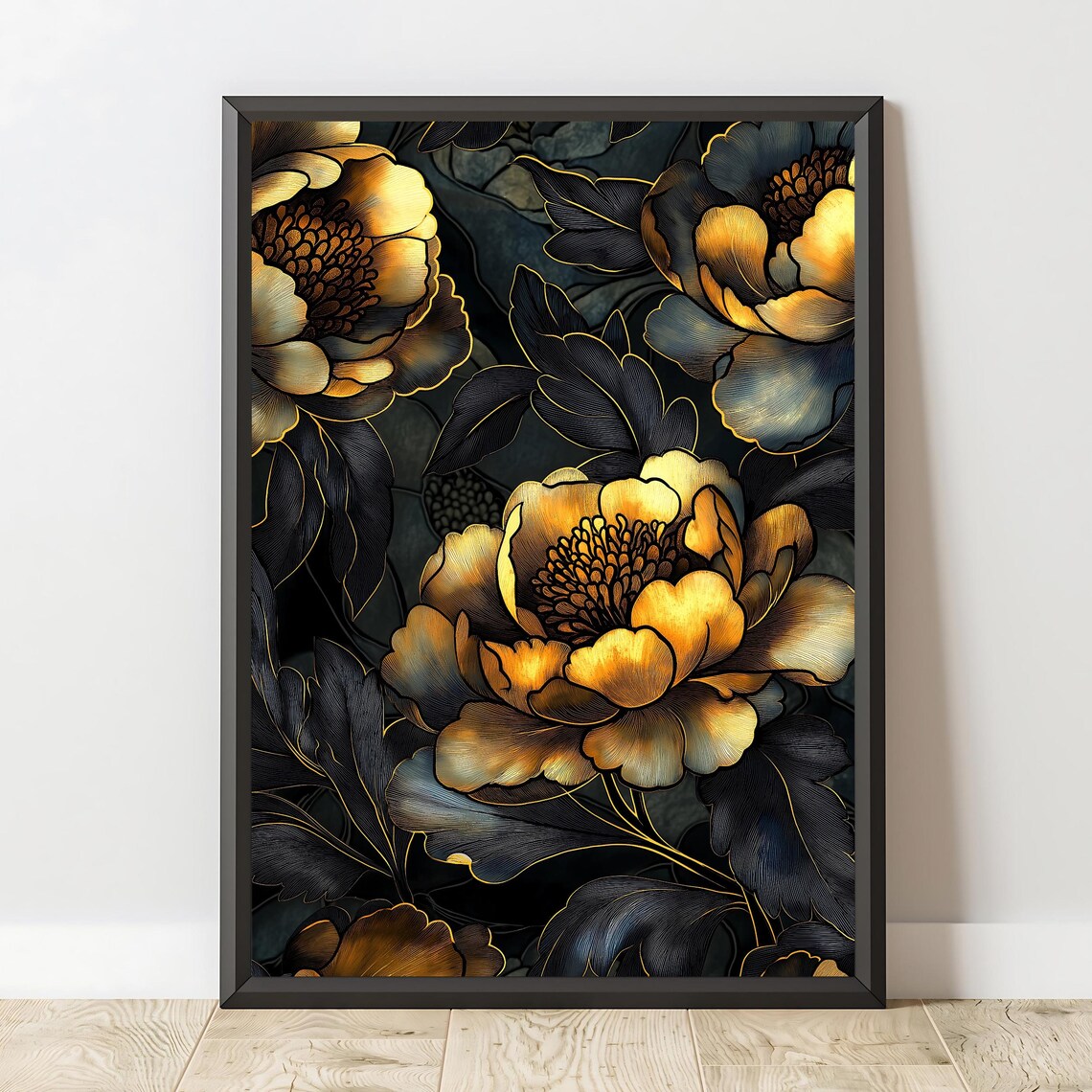 Elegant Gold Peony Blossoms Dark Moody Botanical Floral Wall Art Print - Image 2