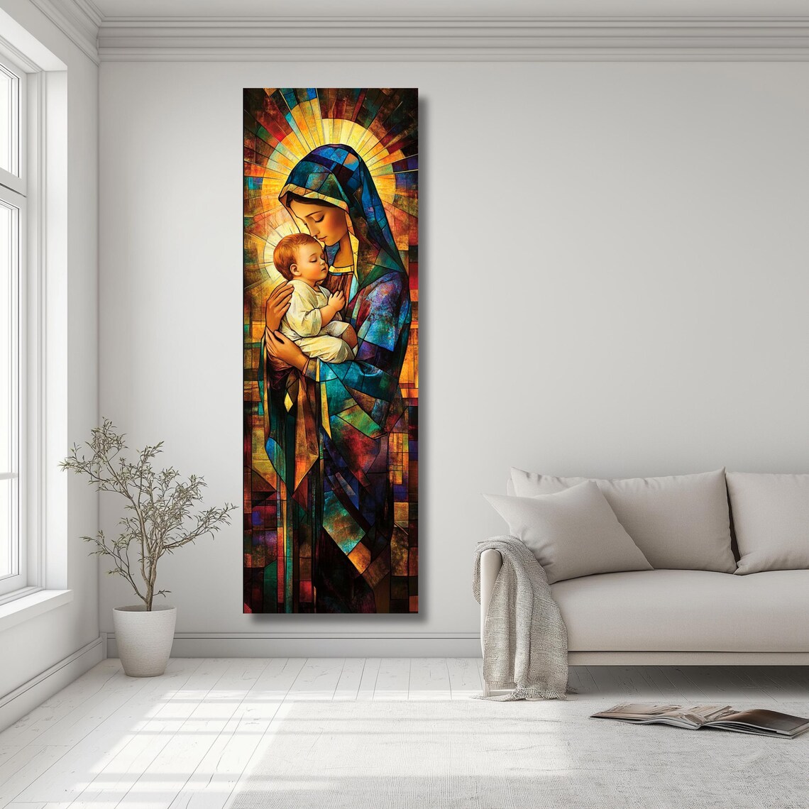 Virgin Mary And Baby Jesus Stained Glass Art Print Blessed Mother Devotional Wall Decor - Image 2