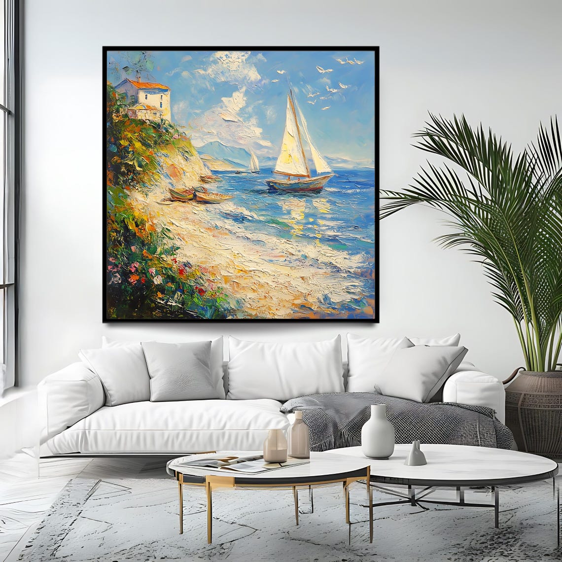 Mediterranean Sailboat Sparkling Sea Coastal Cliffside Villa Poster - Image 4