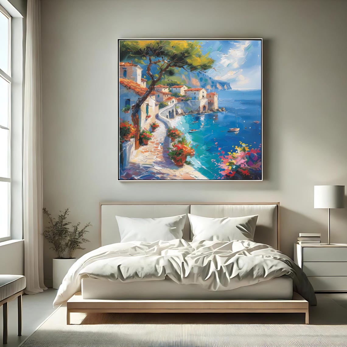 Mediterranean Coastal Village Pine Tree Turquoise Sea Painting Poster - Image 2