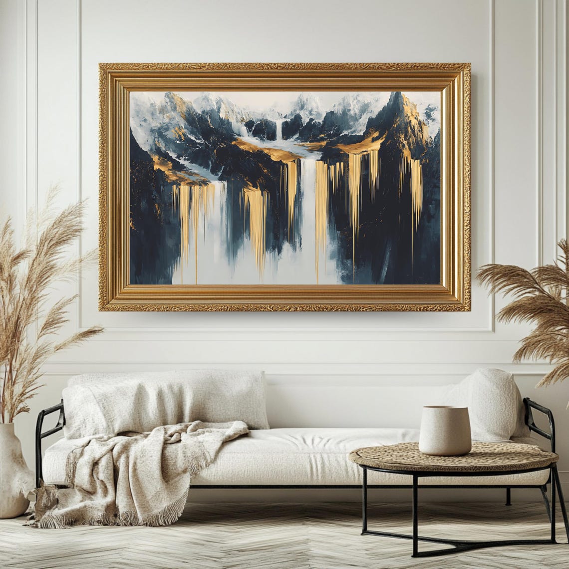 Abstract Waterfall Mountain Art Print Gold Accent Landscape Modern Nature Wall Decor Dramatic - Image 4