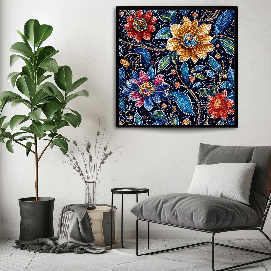 Pointillism Dot Art Floral Bouquet Jewel Tones On Midnight Blue Poster - Image 3