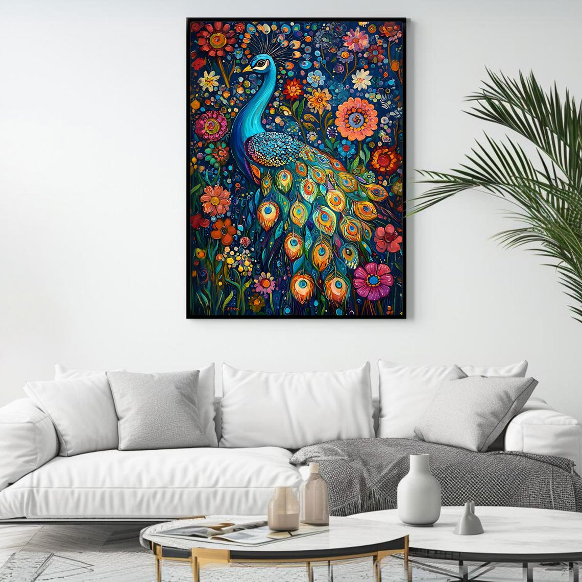 Peacock Fanned Tail Among Night Garden Flowers Folk Art Wall Poster - Image 4