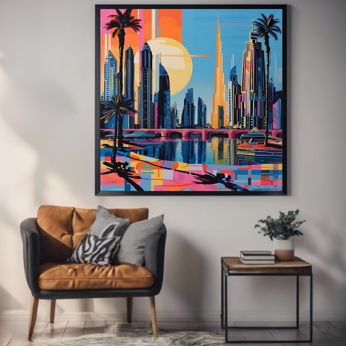 Dubai Skyline Pop Art Palm Trees Sunset Cityscape Travel Print Poster - Image 3