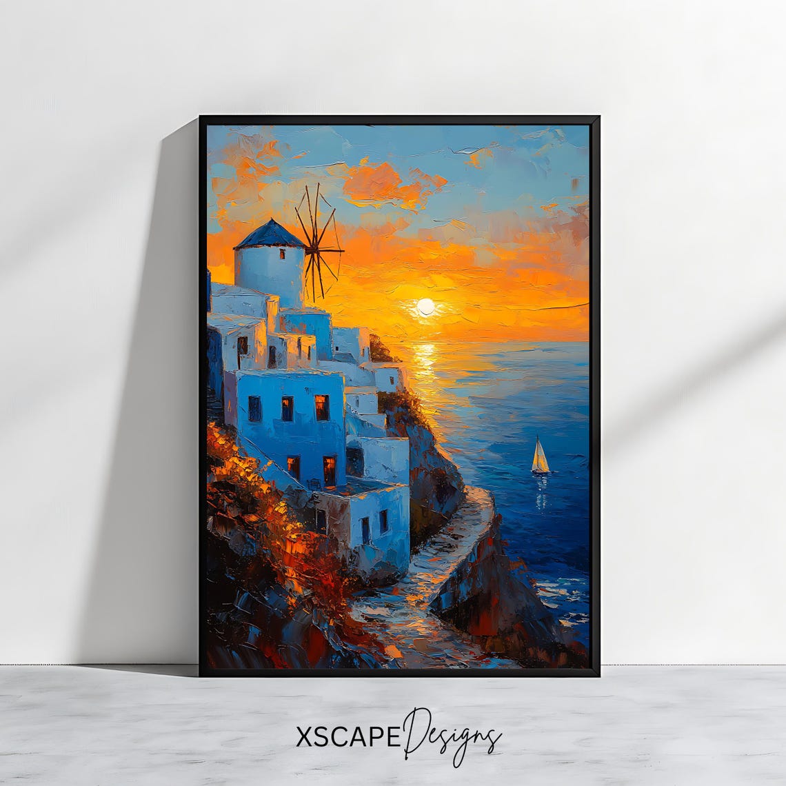 Santorini Windmill Sunset Cliff White Buildings Greek Island Poster