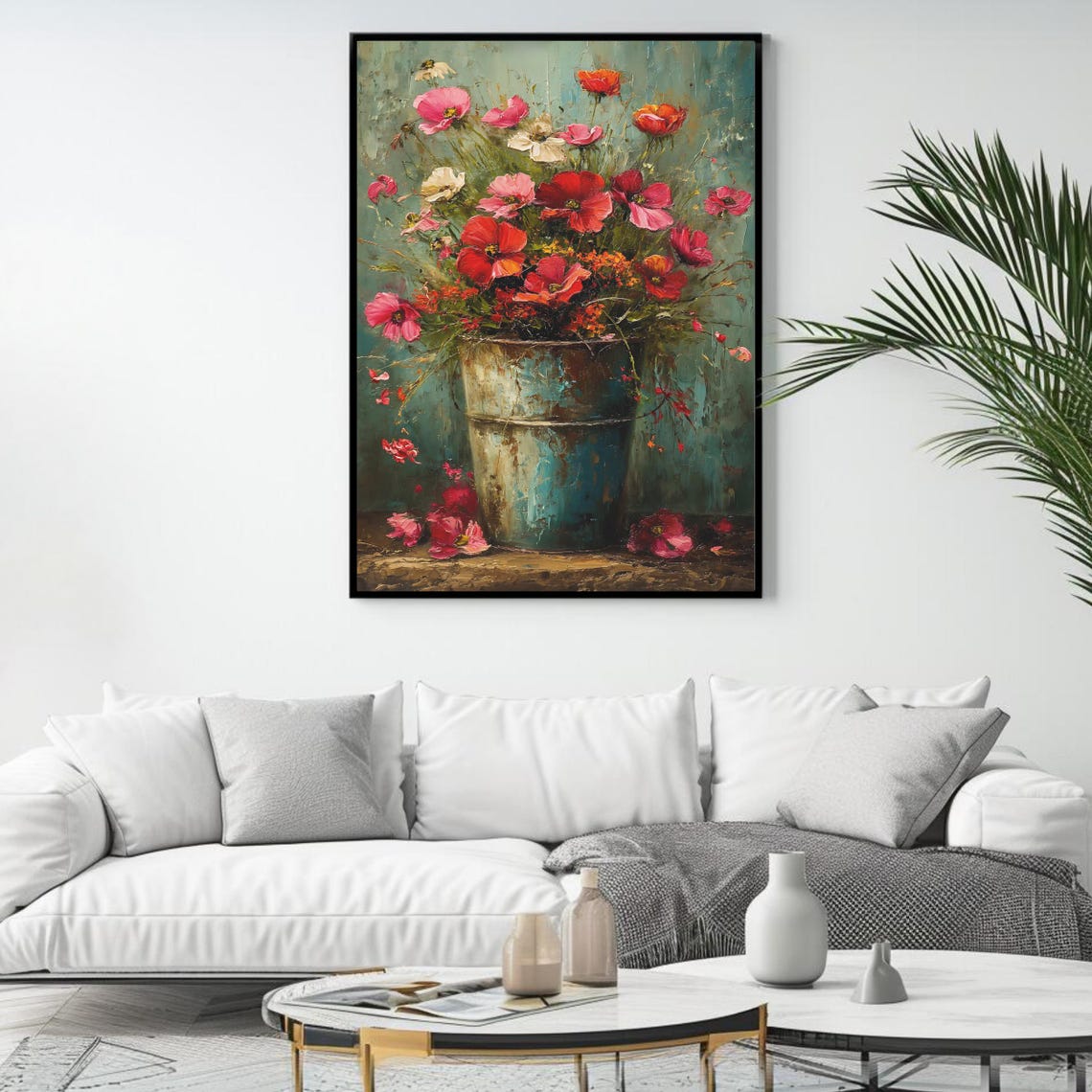 Rustic Metal Bucket Red Poppies Wildflowers Teal Vintage Floral Poster - Image 4