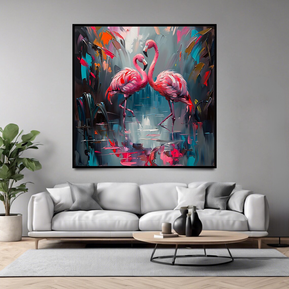Pink Flamingo Pair Impasto Painting Tropical Bird Wall Art Poster - Image 4