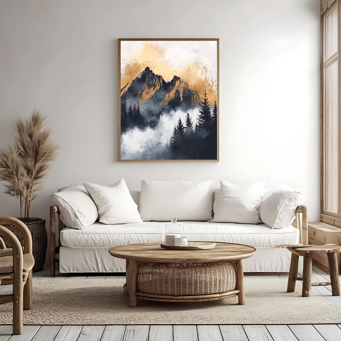 Misty Mountain Peaks Fog Pine Forest Golden Watercolor Landscape Print - Image 4
