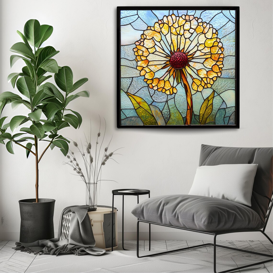 Golden Dandelion Seed Head Stained Glass Window Botanical Art Poster - Image 3