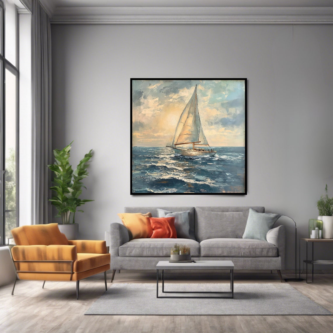 Sailboat Gliding Ocean Sunset Golden Sky Nautical Seascape Print - Image 2