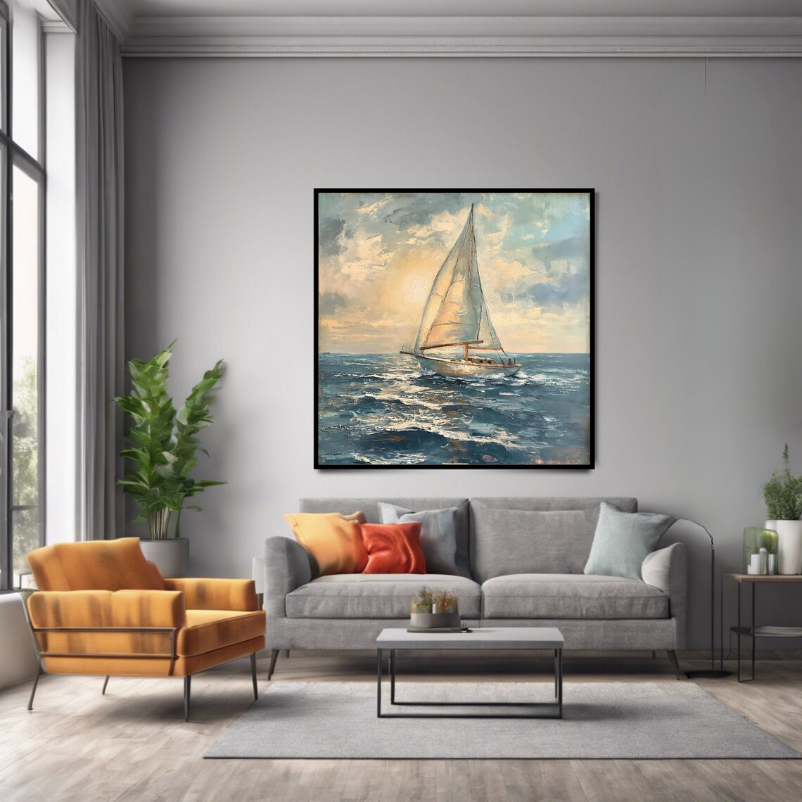 Sailing Boat Wall Art Print Nautical Square Ocean View Decor - Image 2