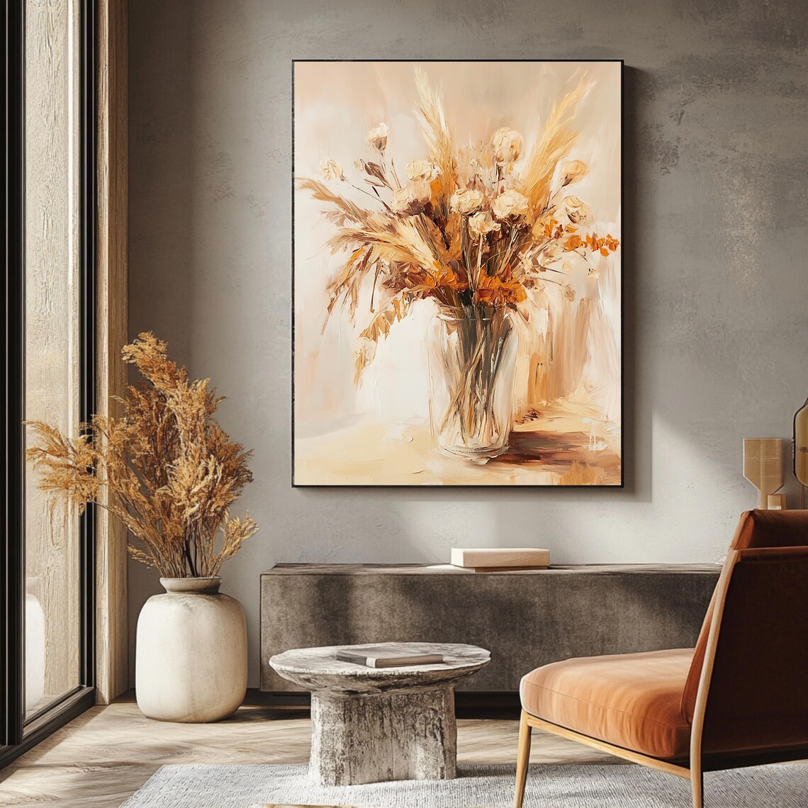 Dried Floral Bouquet in Glass Vase Beige Boho Farmhouse Art Poster - Image 3