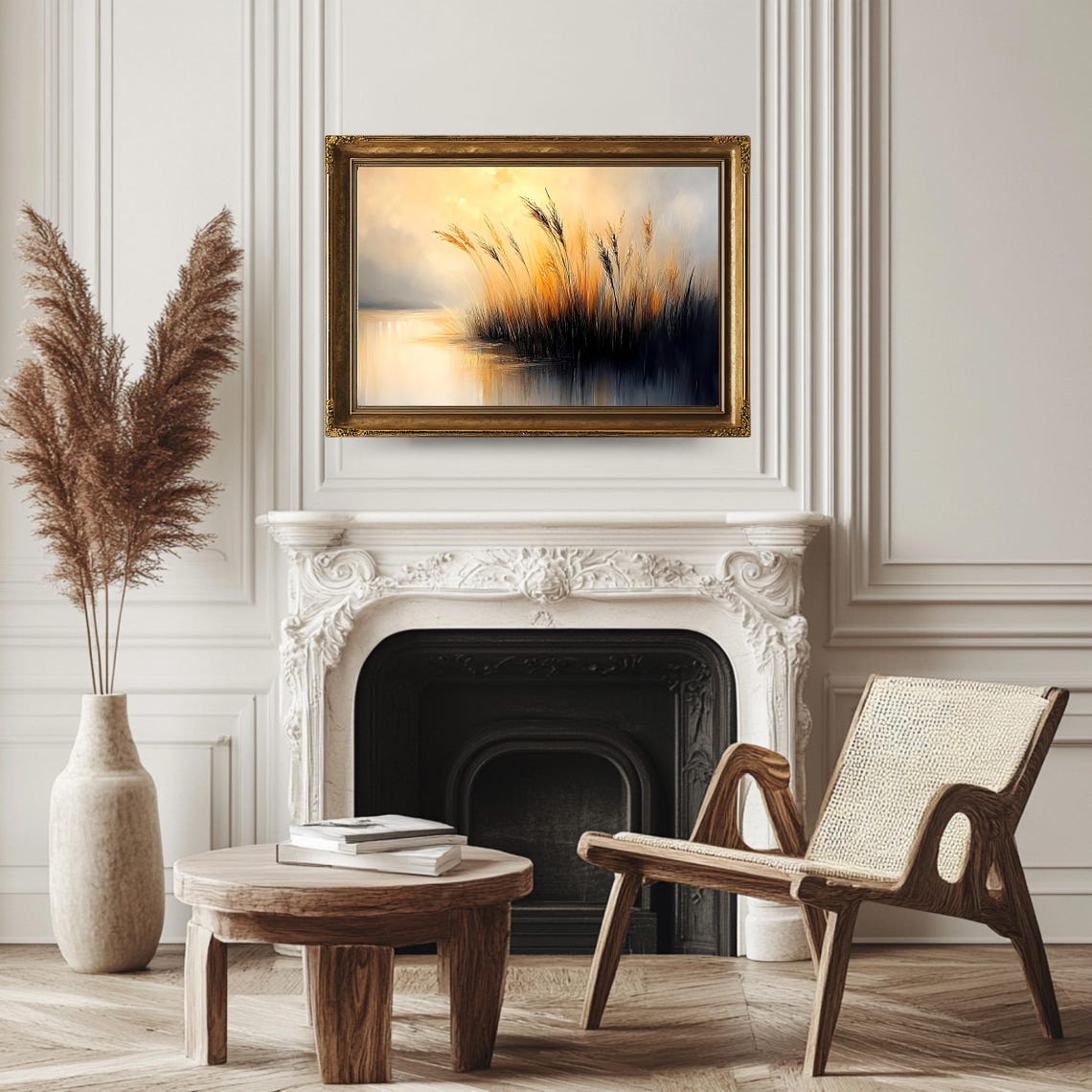 Antique Sunset Grass Wall Art Vintage Lakeside Landscape Rustic Nature Artwork - Image 3