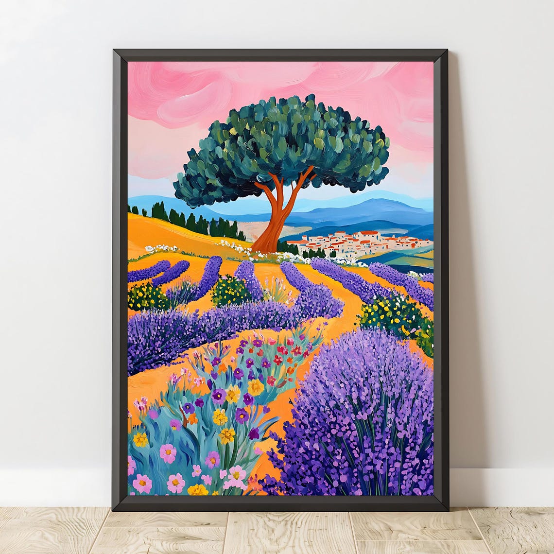 Provence Lavender Rows Wildflowers And Pine Tree Pink Sky Art Poster - Image 2