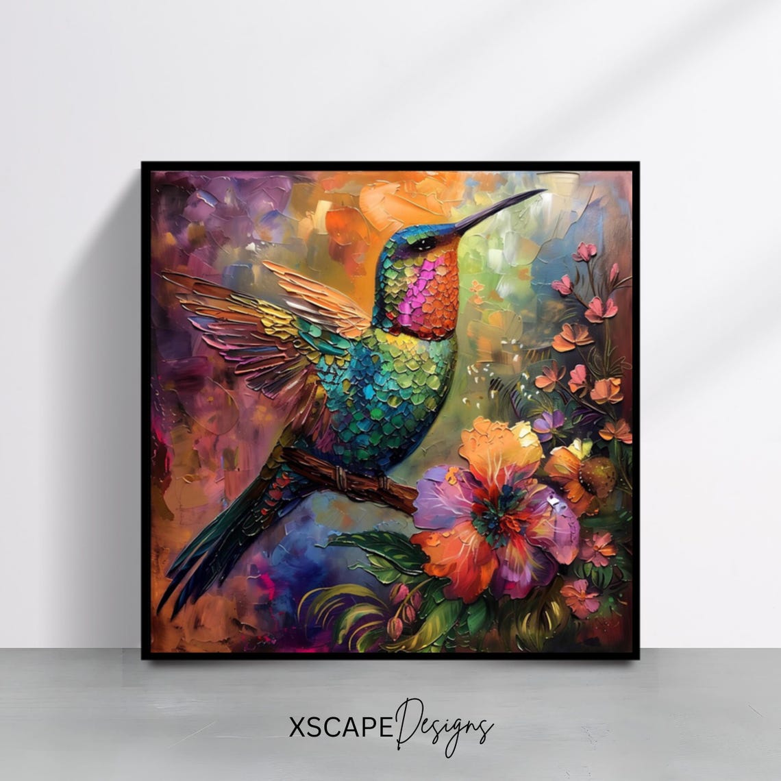 Colorful Hummingbird Among Hibiscus Flowers Textured Oil Art Poster