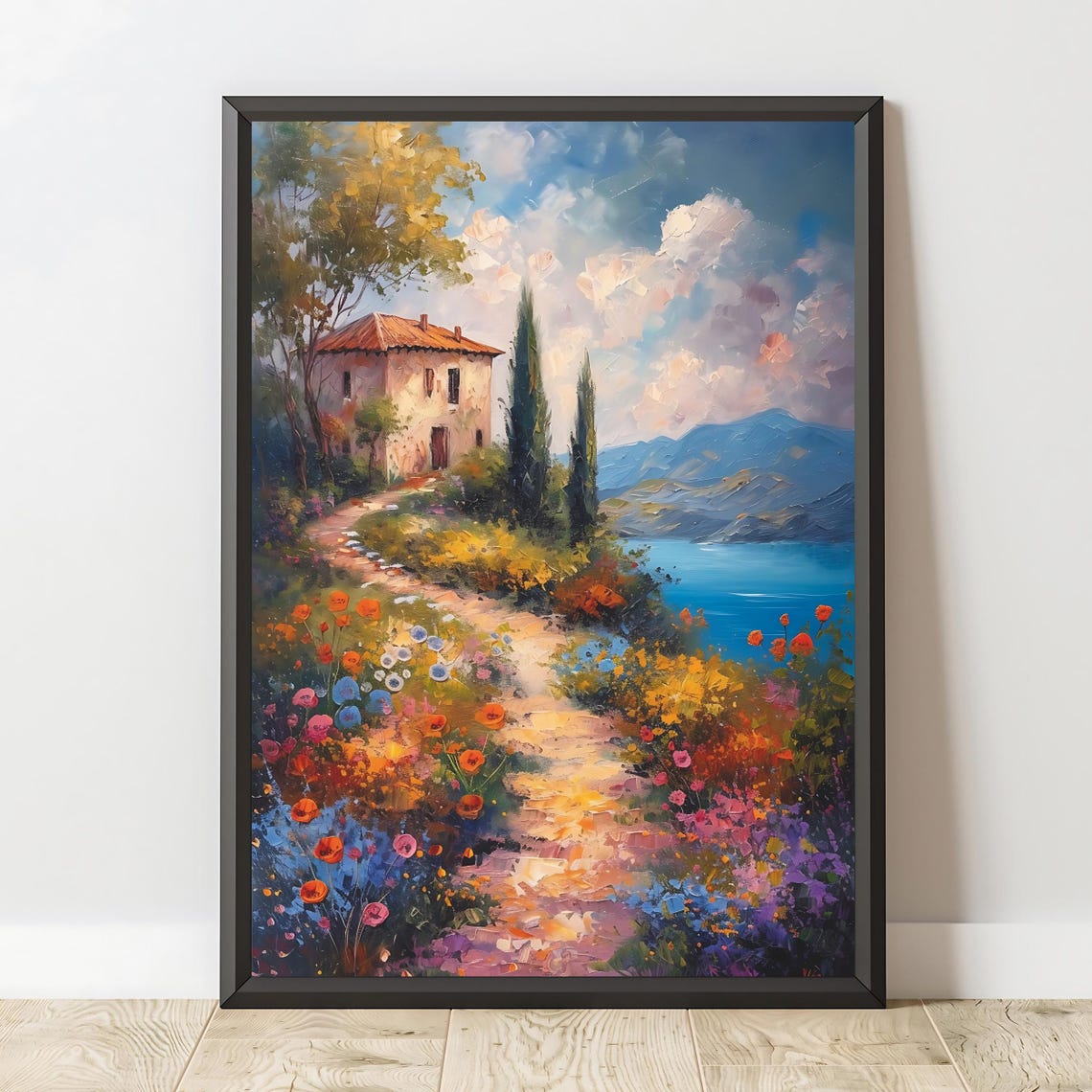 Tuscan Countryside Stone Villa Flower Path Lake View Travel Poster - Image 2