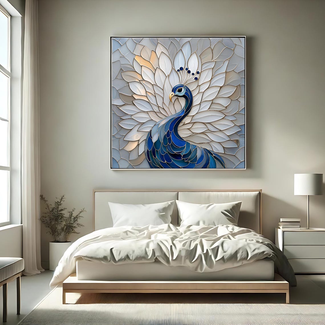 Blue Peacock Stained Glass Style White Tail Feathers Bird Art Print - Image 2