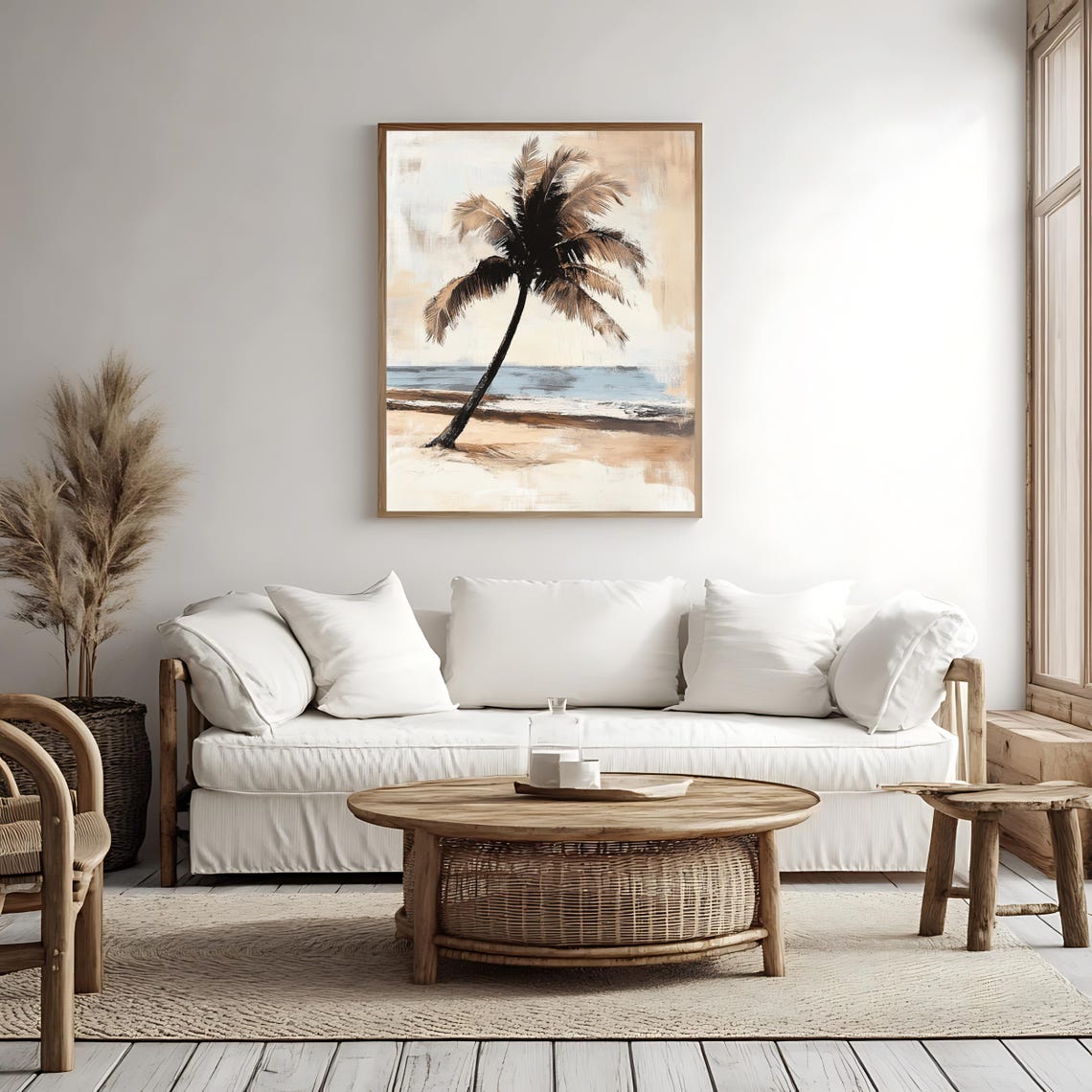 Leaning Palm Tree Neutral Beach Waves Coastal Minimalist Art Poster - Image 4