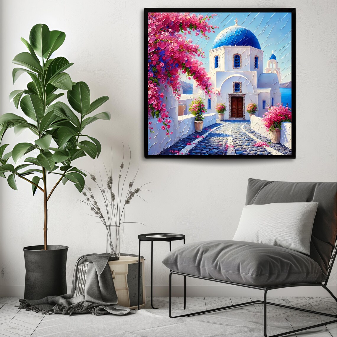Santorini Blue Dome Church Cobblestone Lane Bougainvillea Travel Poster - Image 3