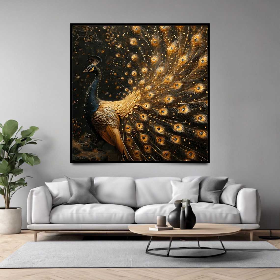 Golden Peacock Full Tail Display Black Background Elegant Bird Print - Image 4