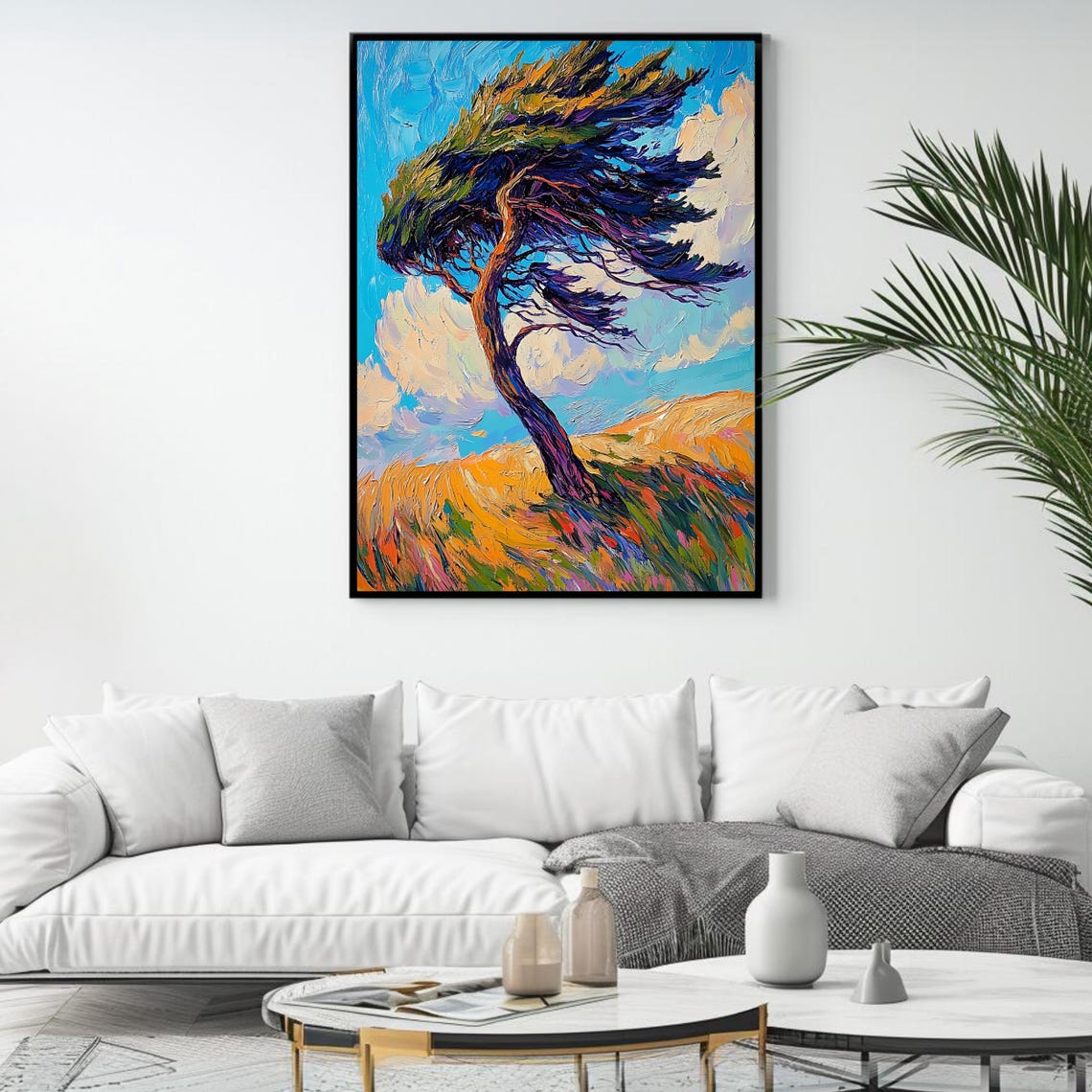 Windswept Tree Golden Hillside Blue Sky Bold Impasto Landscape Poster - Image 4