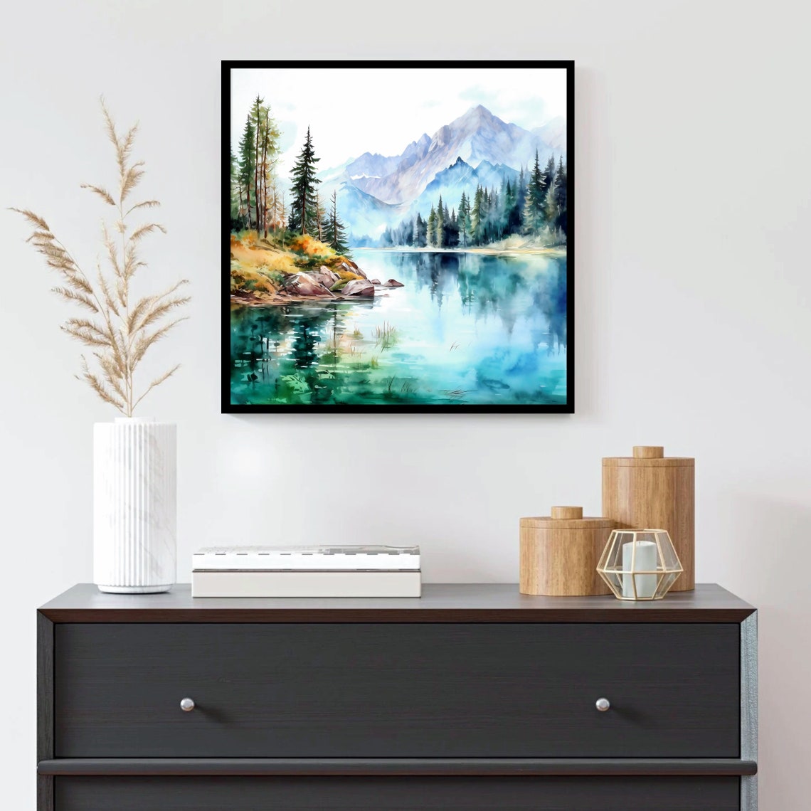 Alpine Lake Mirror Reflection Pine Forest Mountains Watercolor Poster - Image 3