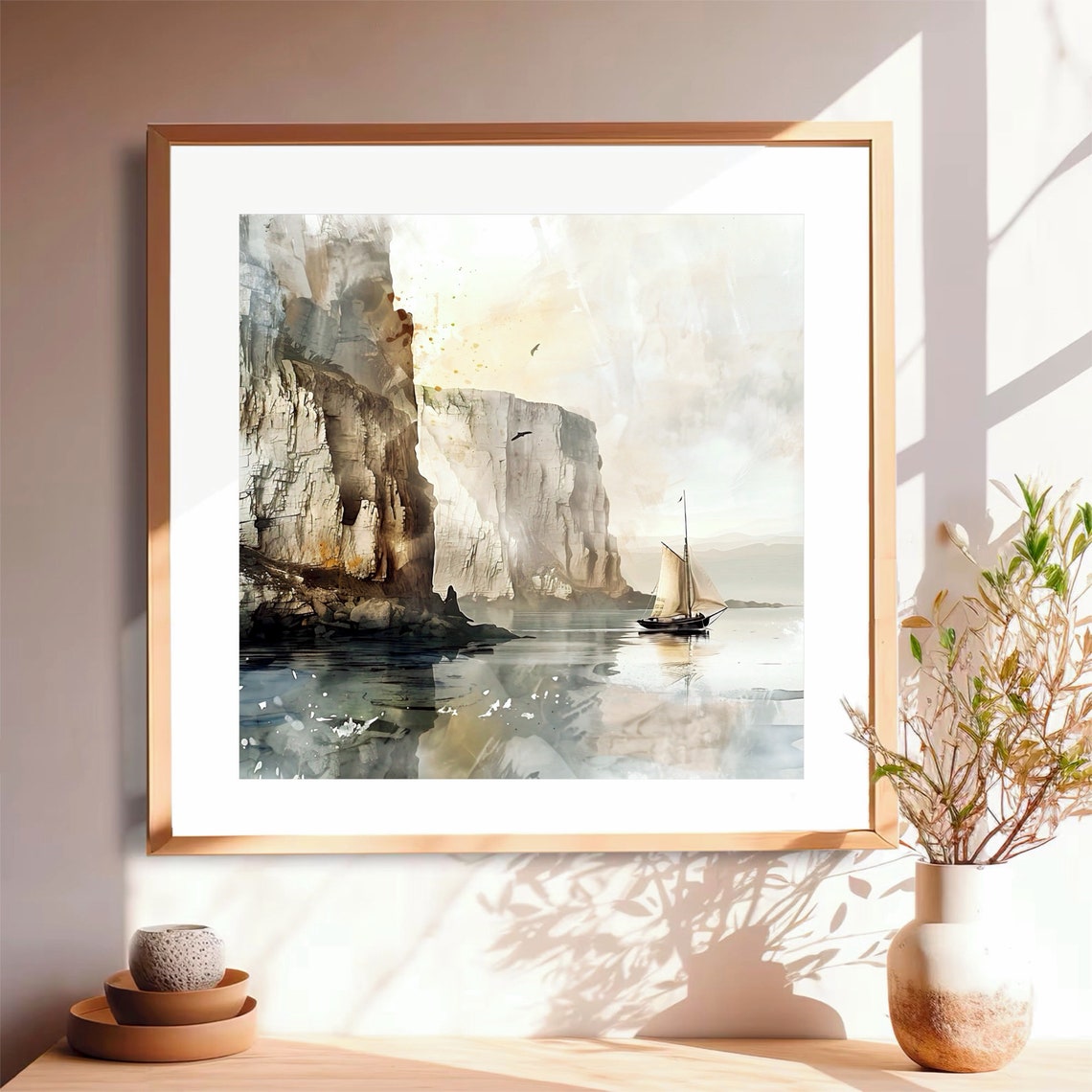 White Chalk Cliffs Sailboat Calm Sea Watercolor Coastal Poster - Image 4